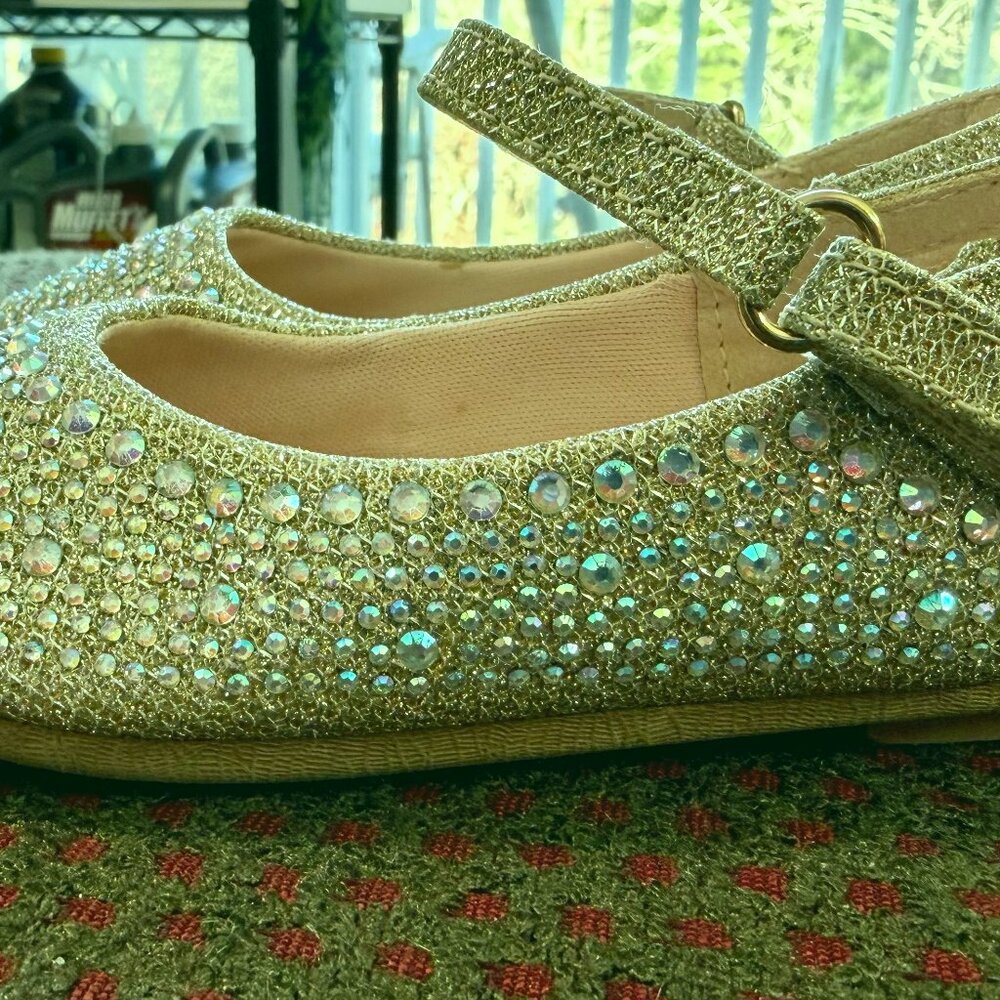 Link Comfort Toddler Girls Size 8 Gold Gemstone Mary Jane Flats Dress Shoes - Picture 2 of 7